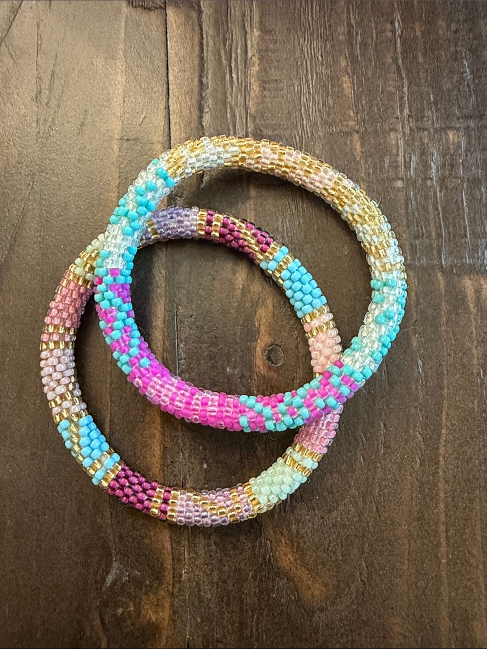 Colorful Beaded Stretch Bracelet Set - Pink, Blue & Gold